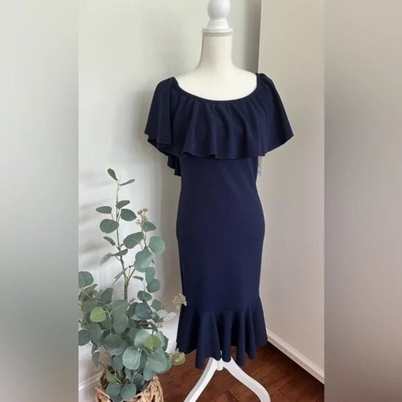LuLaRoe CiCi Off the Shoulder Ruffle Hem Midi Dress 3XL Navy Blue Solid Mermaid - Picture 1 of 4